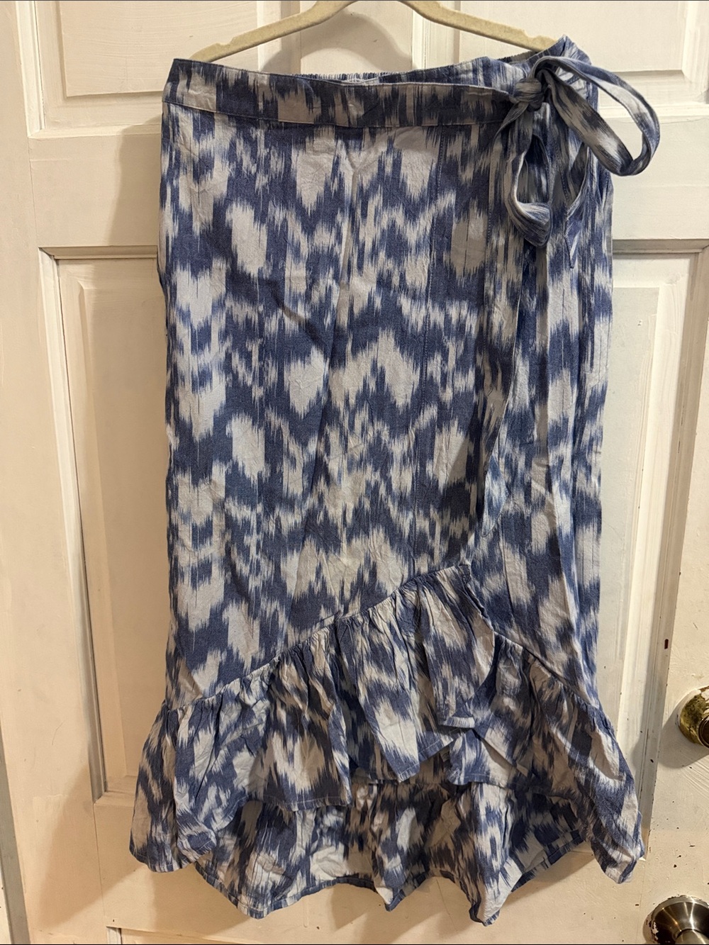 NWOT JACHS Blue and White Ikat Wrap Midi Skirt with Ruffle Hem- XS